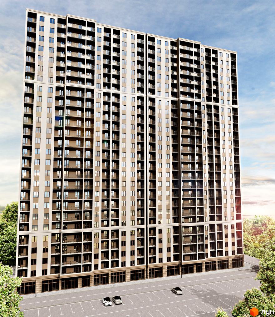 Новобудова ЖК Еллада з численними балконами та панорамними вікнами, паркінг та зелені насадження навколо.