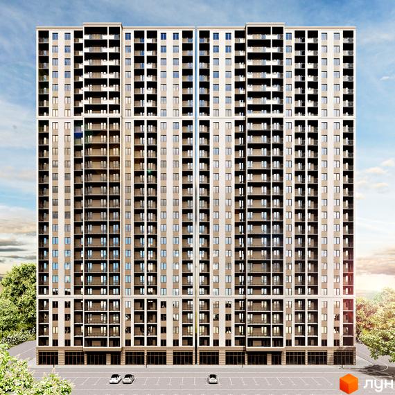 Зовнішній вигляд новобудови ЖК Еллада з численними балконами та вікнами, парковка перед будинком.