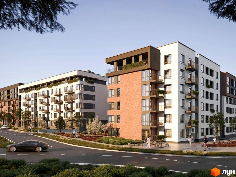 Житловий комплекс Roksolana: фасади будівель з цегляними та білими елементами, балконами та зеленими насадженнями. Територія з дорогою, деревами та зонами відпочинку.