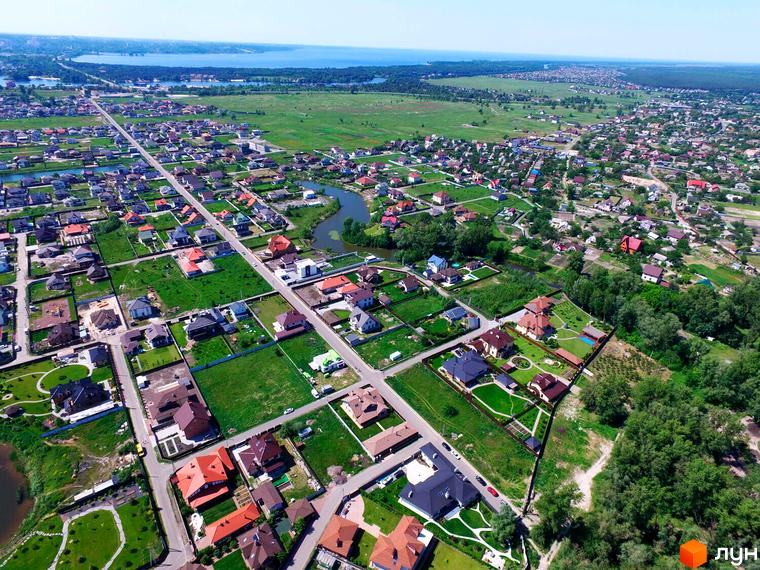 Котеджне містечко Міжріччя: аерофотозйомка приватних будинків з доглянутими ділянками та зеленими зонами.