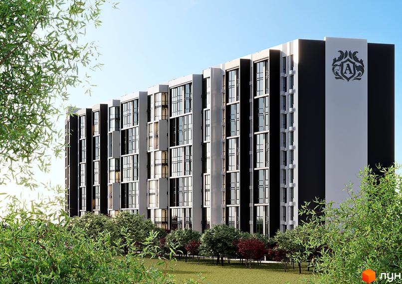 Житловий комплекс Аристократ - багатоповерховий будинок з панорамними вікнами та логотипом на фасаді, оточений деревами та зеленою галявиною.