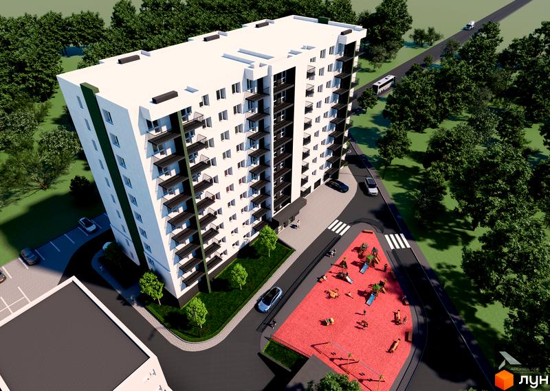 Висотна будівля Житлового комплексу WEST HOME з балконами та прибудинковою територією з дитячим майданчиком та паркуванням.