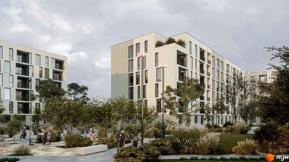 Зображення фасаду та прибудинкової території Житлового комплексу Набережний. Навколо будинку багато зелені та пішохідна зона.