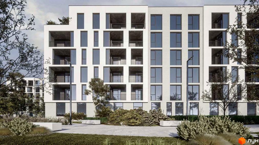 Зображення фасаду Житлового комплексу Набережний з великими вікнами та балконами. На передньому плані зелені насадження та тротуарна плитка.