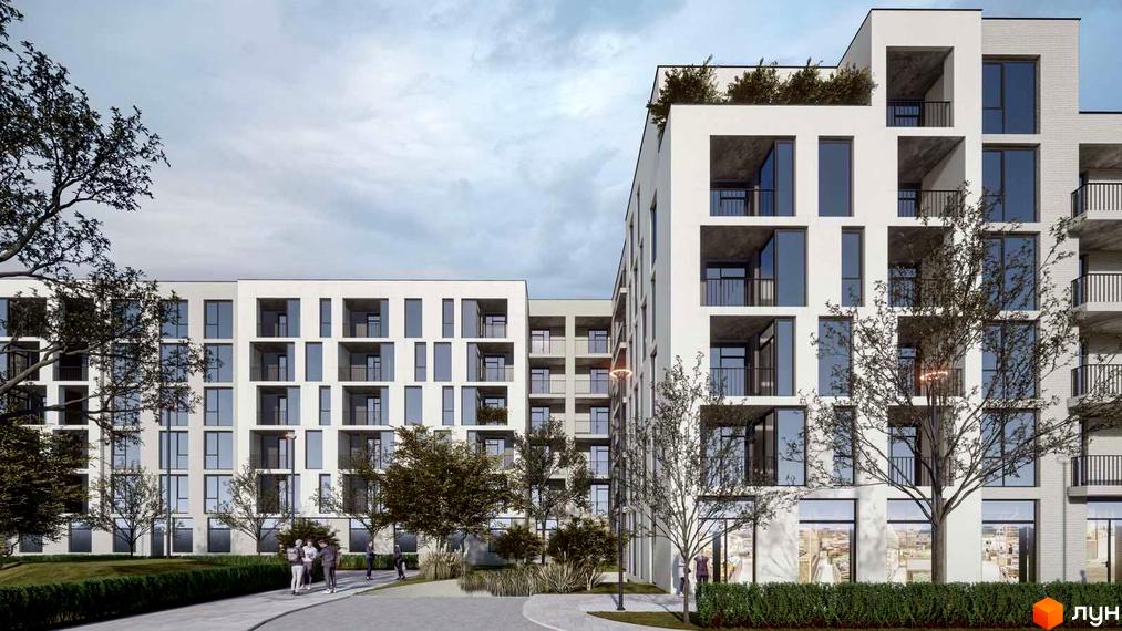 Зображення Житлового комплексу Набережний з фасадом та великими вікнами. На передньому плані дерева та доглянута територія.