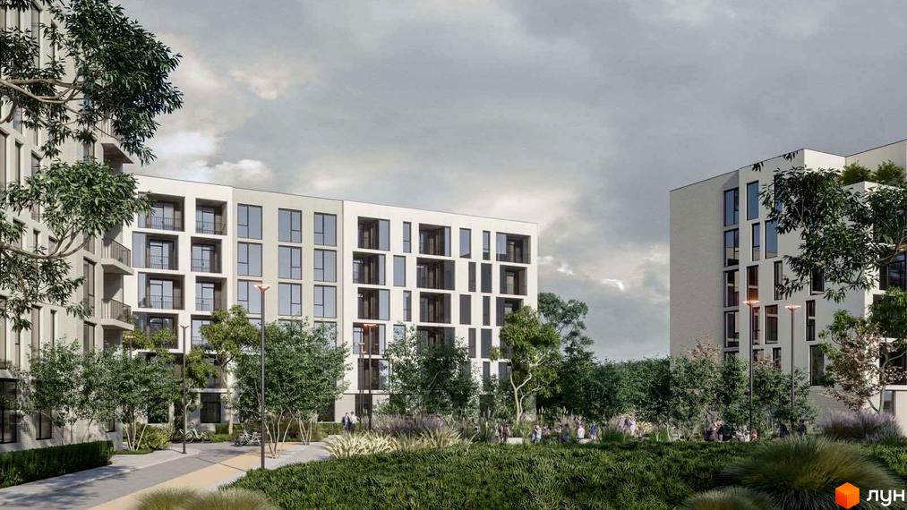 Зображення фасаду багатоповерхового будинку в Житловому комплексі Набережний з великими вікнами та прибудинковою територією.