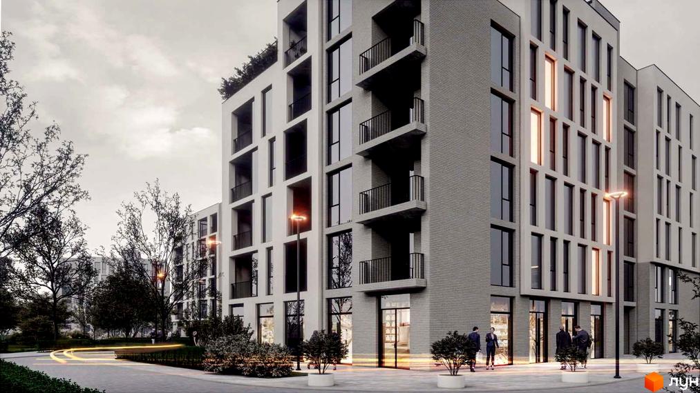 Зображення фасаду Житлового комплексу Набережний з великими вікнами та балконами. Навколо будинку облаштована прибудинкова територія.