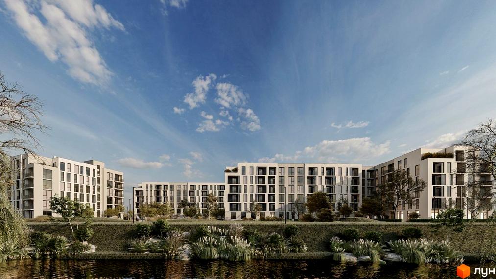 Зображення Житлового комплексу Набережний з видом на багатоповерхові будинки та зелену прибережну зону з водоймою.