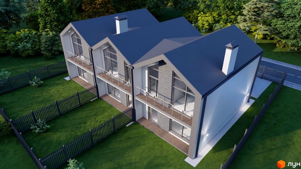 Триповерховий будинок з великими вікнами та балконами, огороджений чорним парканом. Зелена прибудинкова територія з газоном та деревами.