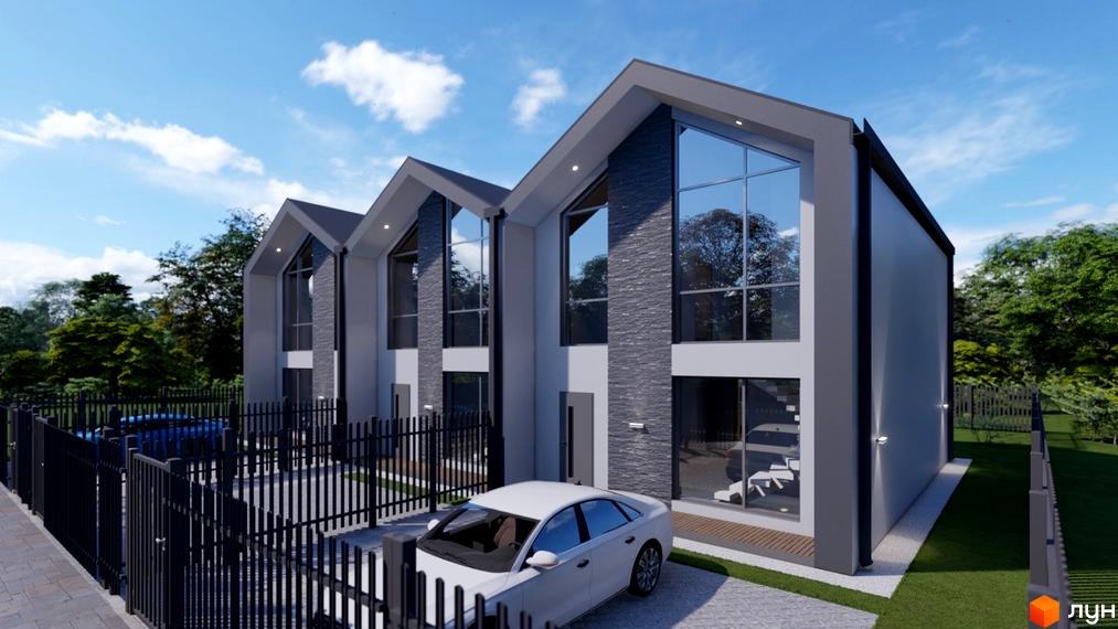 Сучасний житловий комплекс на вул. Садова, 139, з великими панорамними вікнами та сірим фасадом, огородженою територією та автомобілем біля будинку.