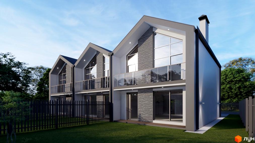 Триповерховий будинок з великими вікнами та скляними балконами. На прибудинковій території газон та чорний паркан.