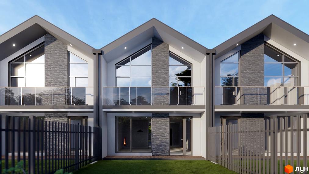 Фасад триповерхового будинку з великими вікнами та скляним балконом на тлі блакитного неба. Огороджена територія з газоном та парканом.