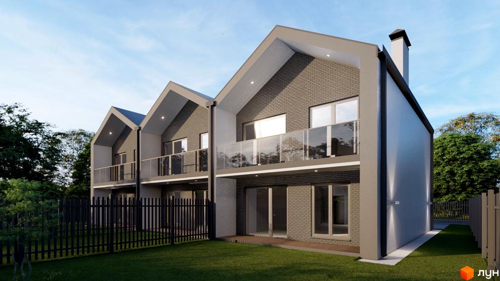 Зовнішній вигляд триповерхових будинків з сірої цегли з балконами та фасадною підсвіткою. Прибудинкова територія з зеленим газоном та огорожею.