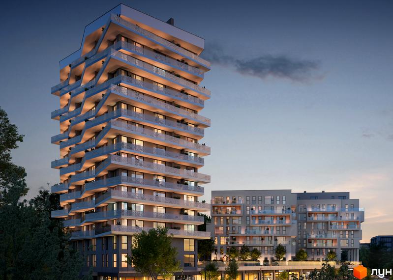 Висотна будівля ЖК Lennona Residents з незвичайним дизайном фасадів та балконів. Навколо будинку розташована прибудинкова територія з деревами та освітленням.