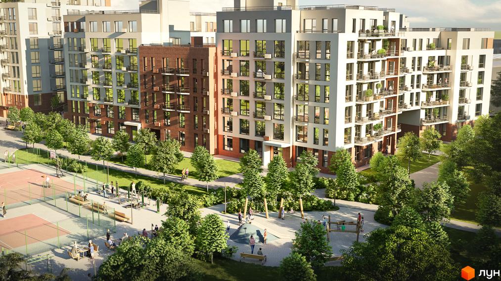 Житловий комплекс РЕМ: будинки зі світлими та цегляними фасадами. Прибудинкова територія з деревами, спортивним та дитячим майданчиками.