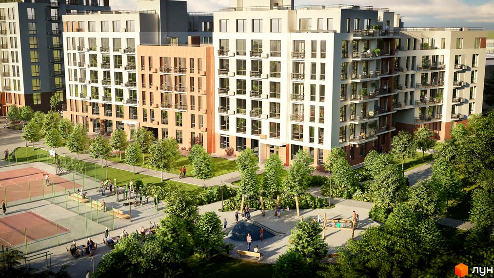 Новобудова ЖК РЕМ з цегляними та білими фасадами, балконами та кондиціонерами. На прибудинковій території розташовані спортивні майданчики та зони відпочинку з деревами.