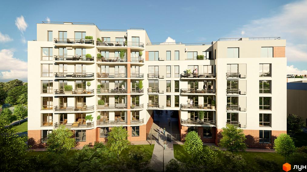 Житловий комплекс РЕМ - це багатоповерхова новобудова з балконами та великими вікнами. Навколо розташовані зелені насадження та доглянута прибудинкова територія.