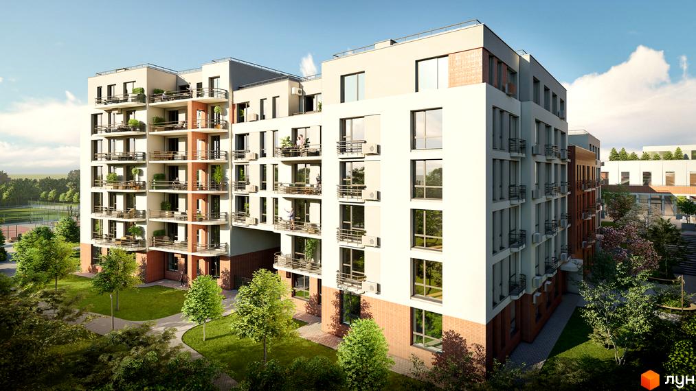 Житловий комплекс РЕМ: багатоповерховий будинок світлого кольору з балконами та цегляними елементами, оточений зеленими газонами та деревами.