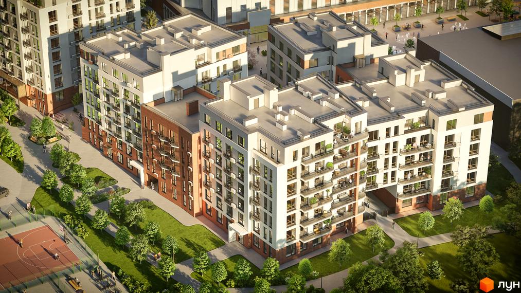 Житловий комплекс РЕМ з біло-цегляними фасадами та численними балконами, оточений зеленим ландшафтом з деревами та зоною відпочинку.