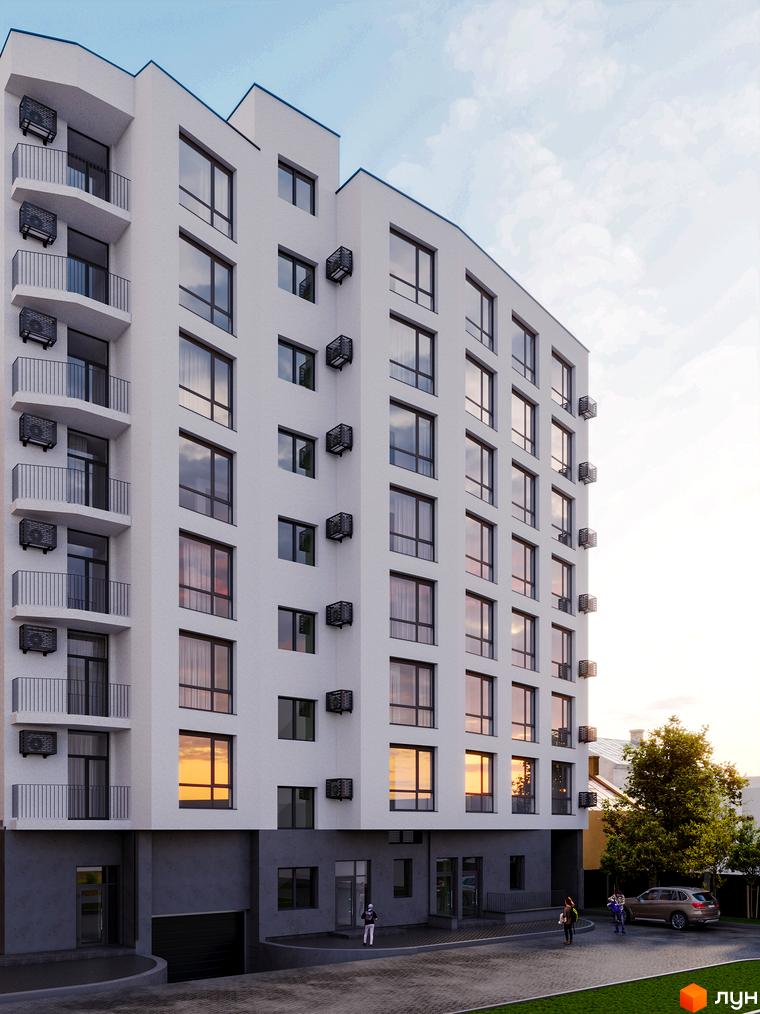 Висотна будівля ЖК Привокзальний з білими фасадами та балконами. На прибудинковій території розташовані дерева, тротуар та припарковані автомобілі.