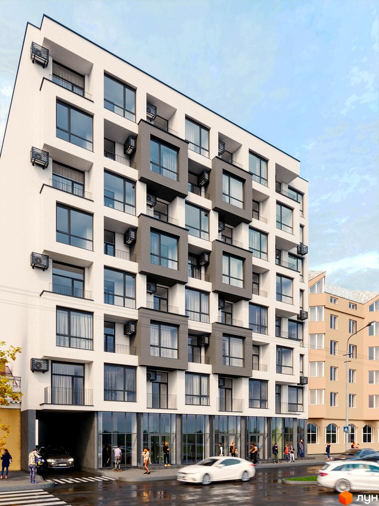 Фасад житлового комплексу Привокзальний з великими вікнами та балконами. Навколо будинку розташована прибудинкова територія з дорогою та пішохідними зонами.