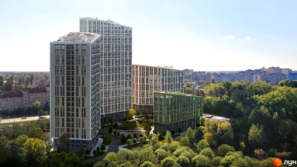 Новобудова ЖК Madison Gardens з багатоповерховими будинками та зеленою прибудинковою територією. Комплекс оточений деревами та має сучасний дизайн.