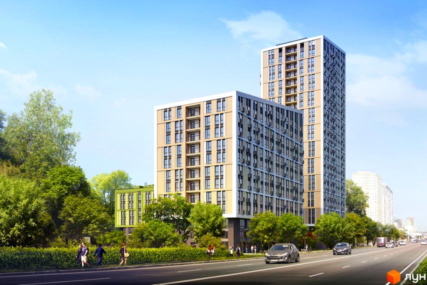 Житловий комплекс Madison Gardens - сучасні багатоповерхові будинки з балконами та кондиціонерами, оточені зеленню та розташовані біля дороги з автомобілями.