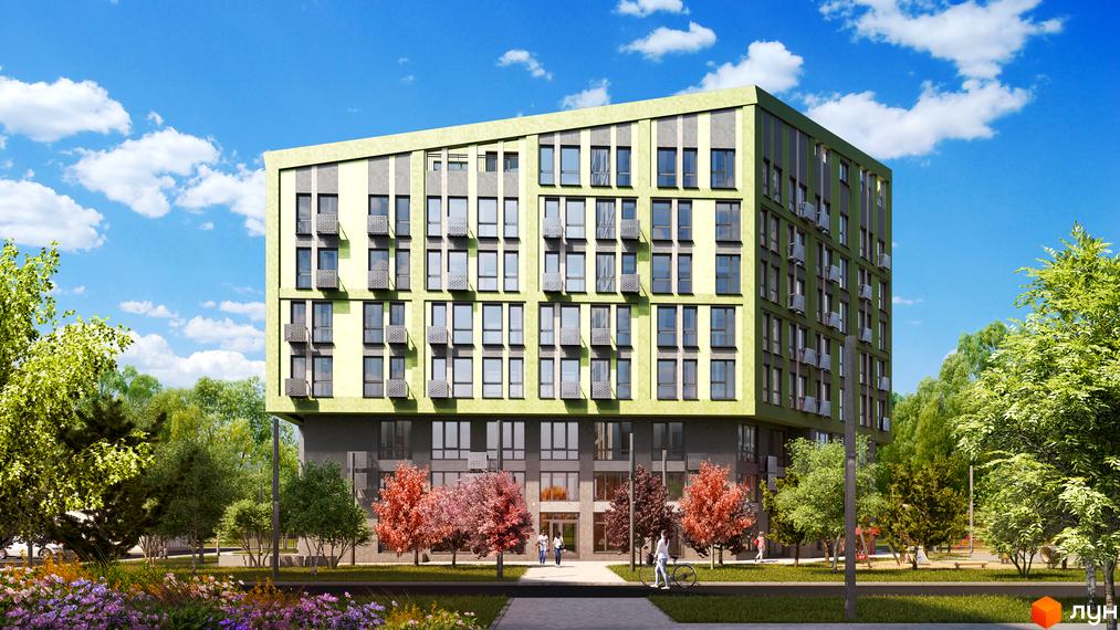 Фасад новобудови ЖК Madison Gardens з вікнами та балконами на тлі блакитного неба з хмарами. Навколо зелені дерева та квіти.