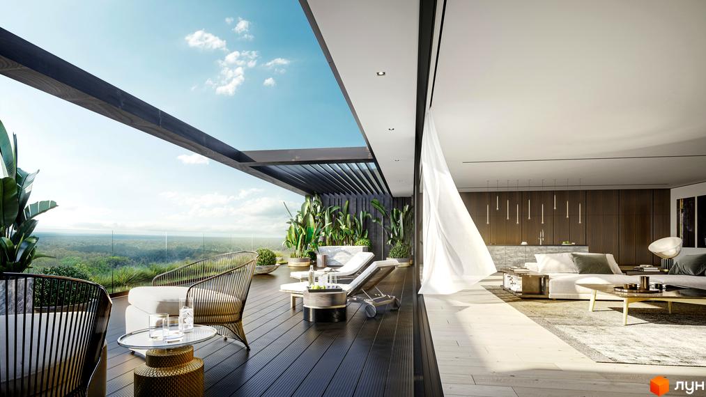 Вид на терасу з зоною відпочинку та панорамними вікнами. ЖК Lion Hills пропонує квартири з видом на мальовничу природу.