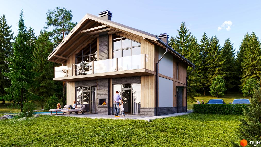 Двоповерховий будинок з дерев'яним оздобленням та скляним балконом в Котеджному комплексі TИSHA Chalet Resort. На подвір'ї газон, тераса з меблями та басейном.