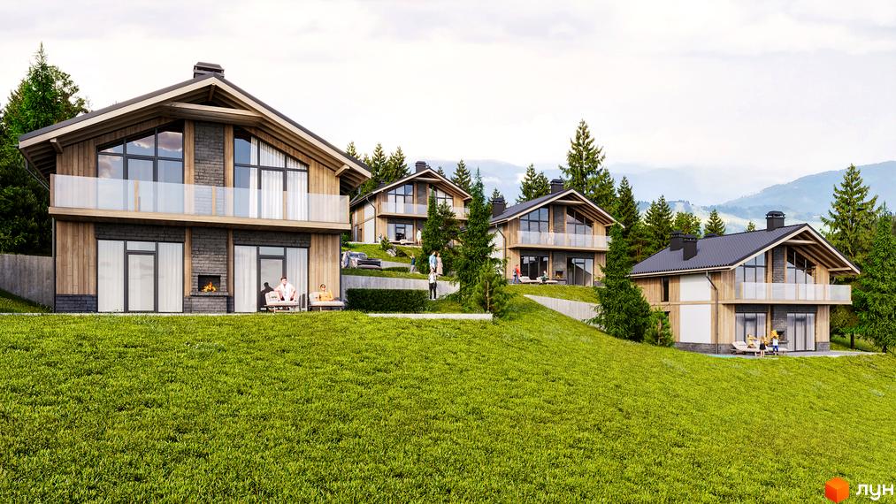 Котеджний комплекс TИSHA Chalet Resort з дерев'яним оздобленням фасаду, панорамними вікнами та терасами. На території комплексу зелені газони та хвойні дерева.