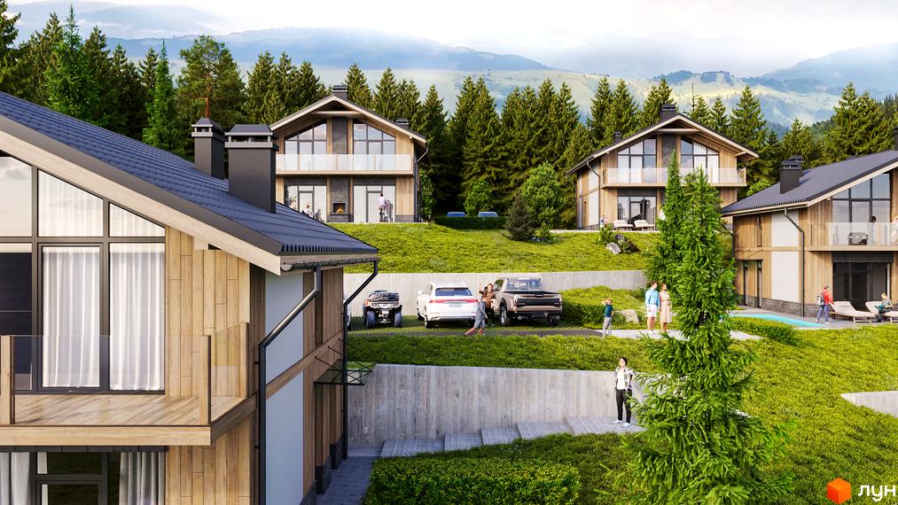 Котеджне містечко TISHA Chalet Resort: двоповерхові будинки з панорамними вікнами та дерев'яним оздобленням на тлі гірського пейзажу. На території є парковка та зелені зони.