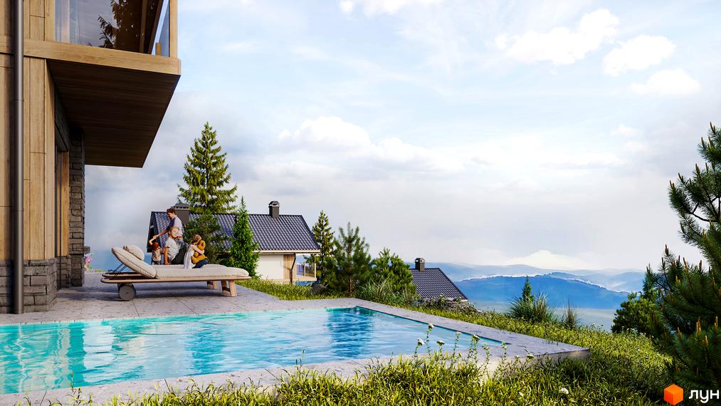 КМ TИSHA Chalet Resort: Дерев'яний будинок з панорамними вікнами та басейном на прибудинковій території, навколо зелень та мальовничий краєвид.