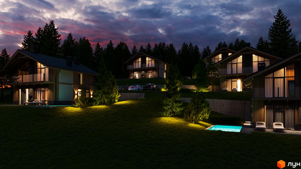 Зображення сторінки Котеджне містечко TИSHA Chalet Resort. Двоповерхові будинки з панорамними вікнами та терасами, на території є басейн та дерева.