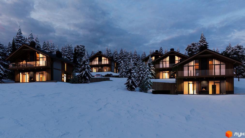 Котеджне містечко TISHA Chalet Resort в оточенні засніжених ялин. Сучасні шале з великими вікнами та балконами на тлі зимового пейзажу.