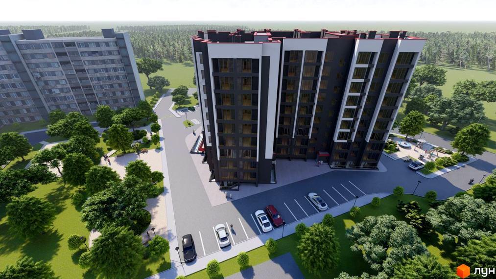 Висотна будівля ЖК Гімназія з темним фасадом та білими вставками. На прибудинковій території є парковка, дерева та дитячий майданчик.