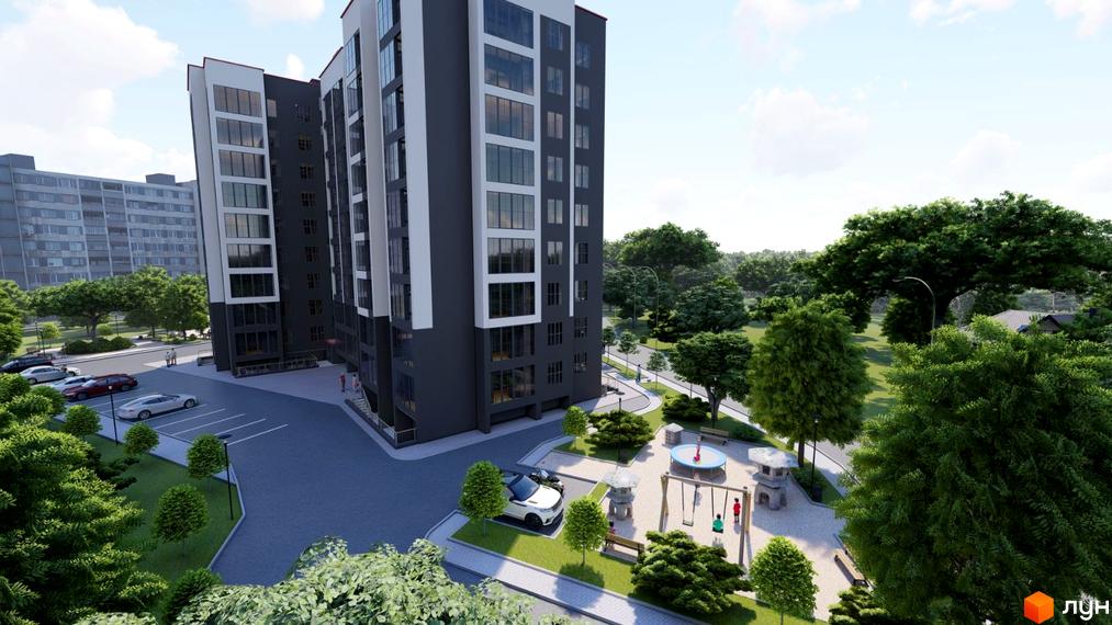 Висотна будівля Житлового комплексу Гімназія з темним фасадом та великими вікнами. На території є парковка, дитячий майданчик та зелені насадження.