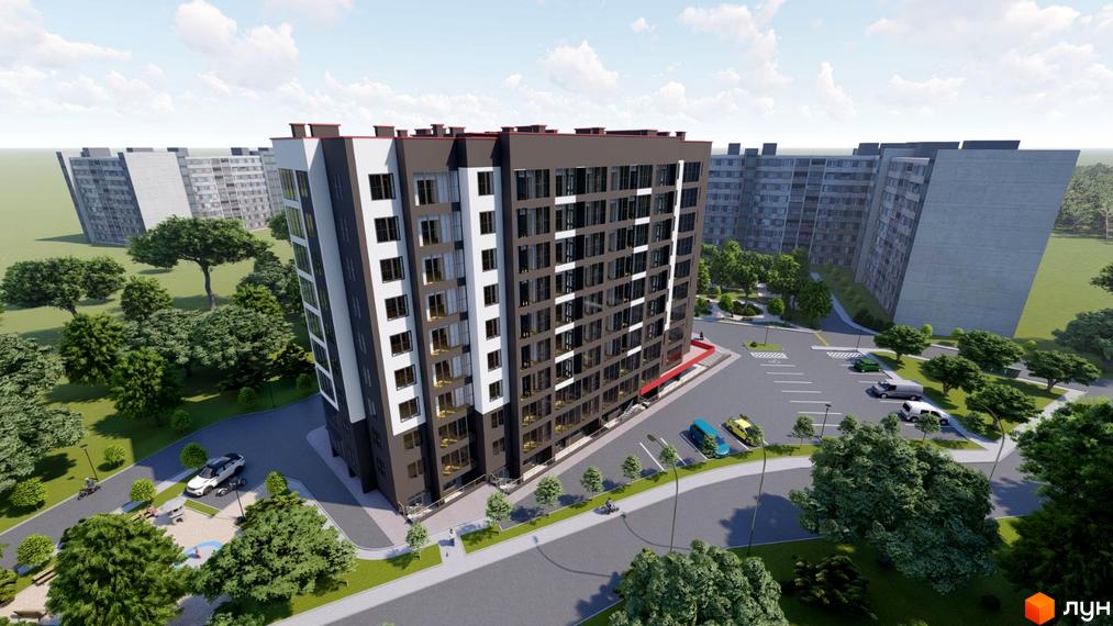 Висотна будівля житлового комплексу Гімназія з темним фасадом. На прибудинковій території є парковка та зелені насадження.