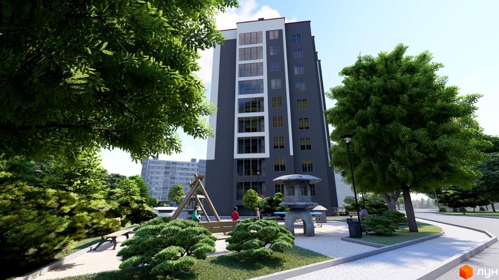 Житловий комплекс Гімназія. Сучасна багатоповерхівка з сірим фасадом та великими вікнами, розташована біля зеленої зони з деревами та дитячим майданчиком.