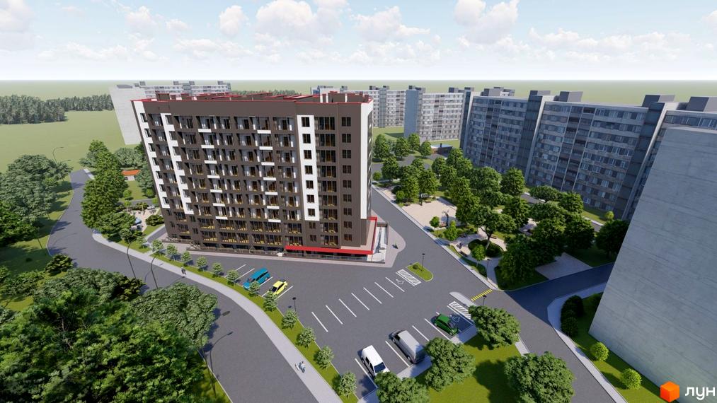 Зовнішній вигляд новобудови ЖК Гімназія з темним фасадом та білими елементами, парковка та зелена прибудинкова територія з деревами.