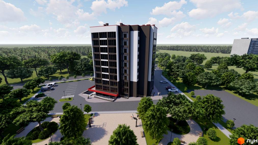 Житловий комплекс Гімназія - це багатоповерхова новобудова з темними та світлими фасадами, розташована серед зелених дерев та з парковкою біля будинку.