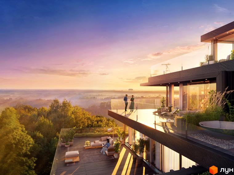 Житловий комплекс Lion Hills з терасами та панорамним видом на ліс. На терасі розташовані меблі для відпочинку та телескоп.
