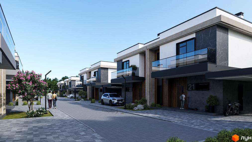 Зображення Котеджного містечка Stone Village: двоповерхові будинки з балконами та гаражами вздовж вулиці з тротуаром.