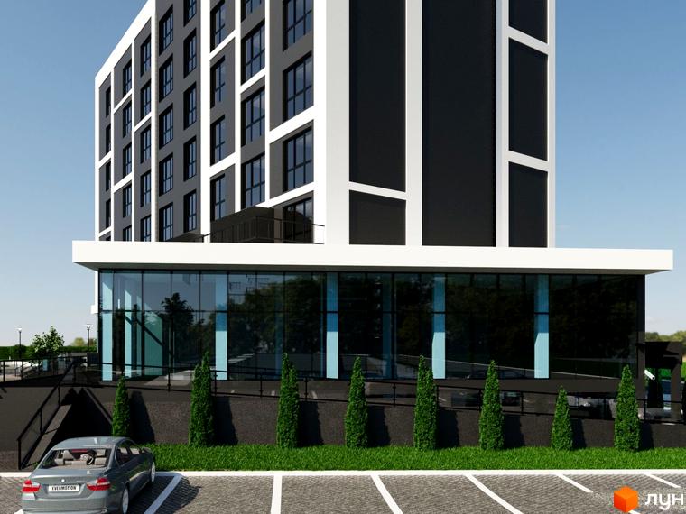 Житловий комплекс PANORAMA DE LUXE: фасади будинку з великими панорамними вікнами та прибудинкова територія з парковкою та зеленими насадженнями.