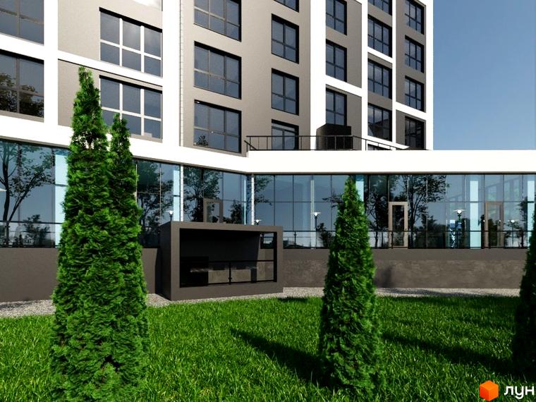 Житловий комплекс PANORAMA DE LUXE з панорамними вікнами та доглянутою прибудинковою територією з газоном та туями.
