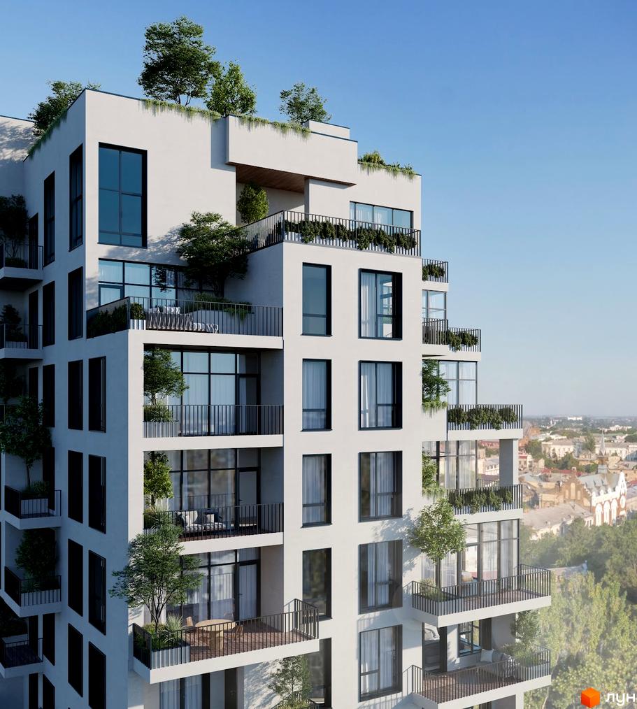 Білосніжний багатоповерховий будинок з великими вікнами та терасами, на яких висаджені дерева та рослини. ЖК BORGO VERDE з зеленими насадженнями на даху.