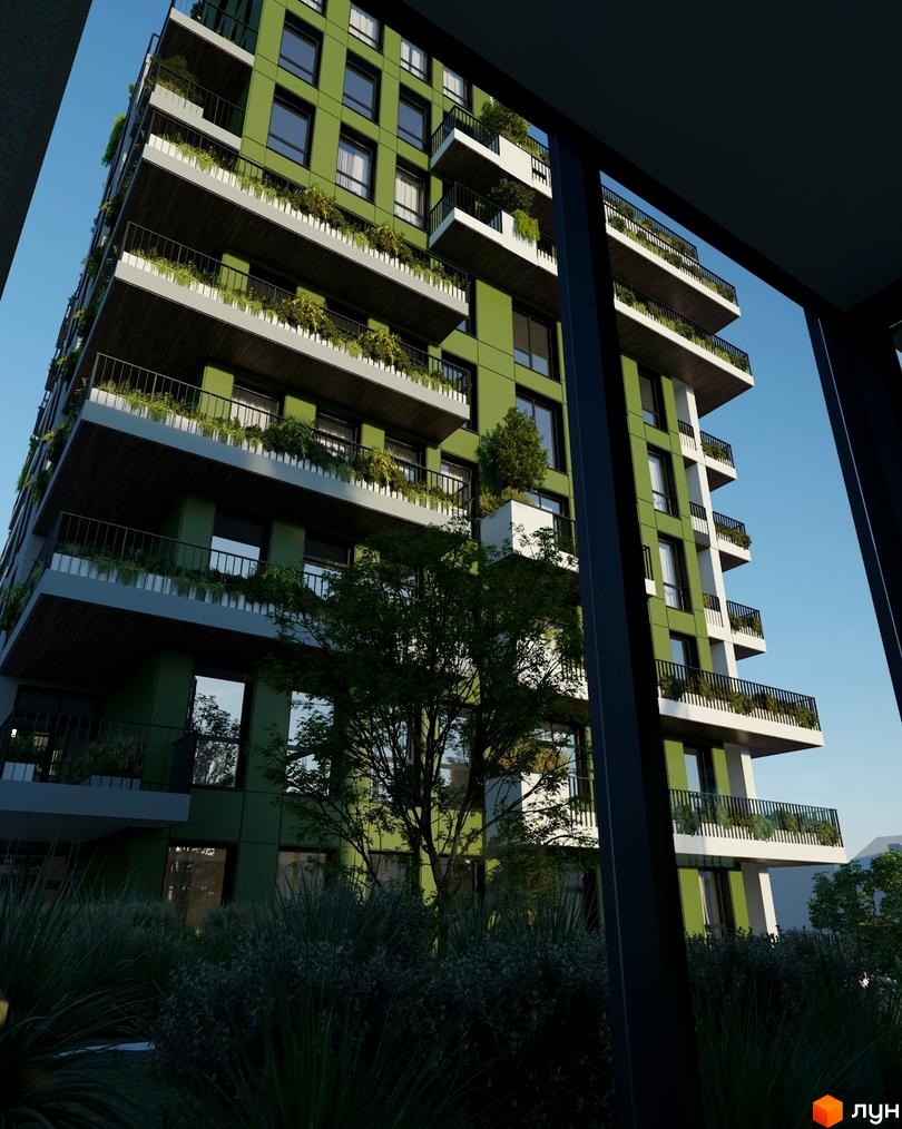 Зелений багатоповерховий будинок ЖК BORGO VERDE з великими балконами та рослинами. На передньому плані дерева та зелень прибудинкової території.