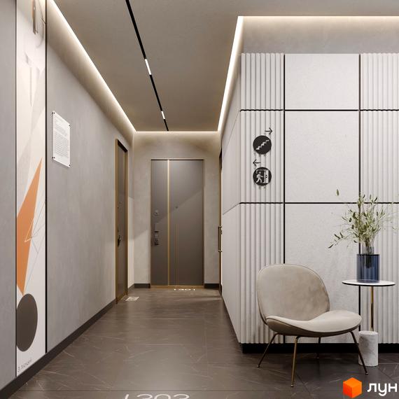 Інтер'єр холу в Будівельний проєкт BORGO VERDE з дверима, стільцем та декоративними елементами. Світле оздоблення стін та підлоги, сучасне освітлення.