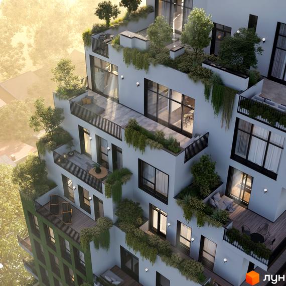 Багатоповерховий будинок з терасами та зеленими насадженнями. ЖК BORGO VERDE з панорамними вікнами та зонами відпочинку на відкритому повітрі.
