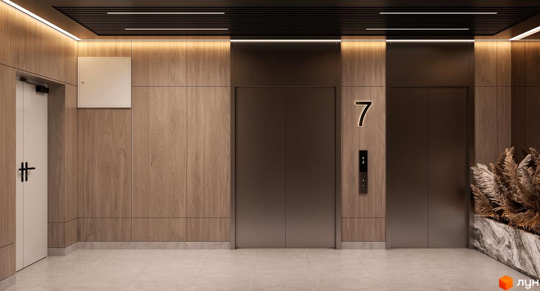 Ліфтовий хол Житлового комплексу Neboshill з дерев'яними панелями, двома ліфтами та інтегрованим освітленням. Присутня декоративна композиція.
